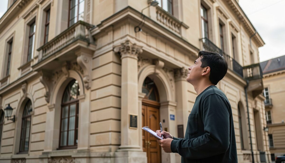 Vor dem historischen Haus prüft der Forscher die Fassade und macht Notizen.