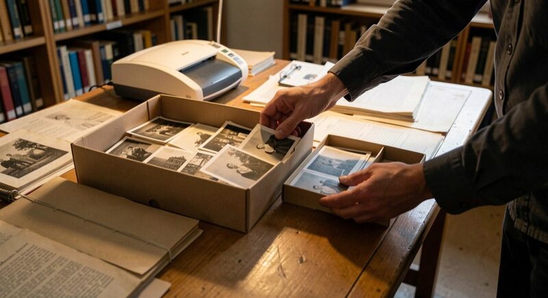 Hände stöbern in einer Kiste mit alten Abzügen und entdecken dabei analoge Schätze.