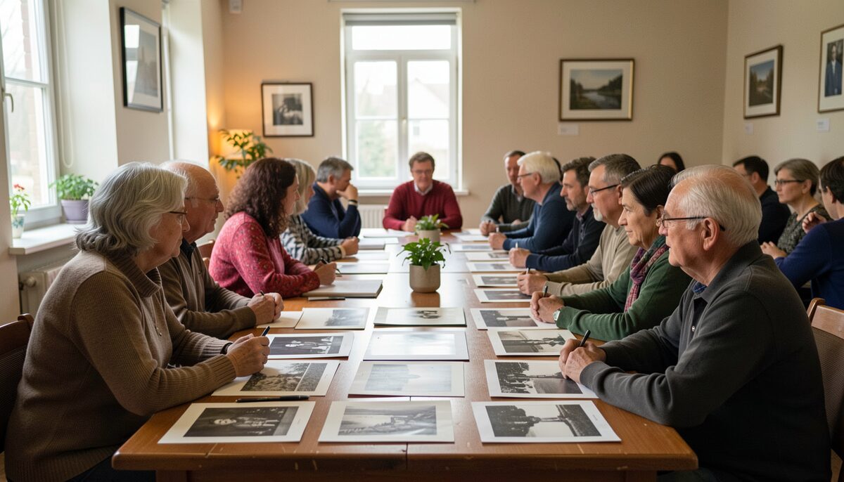 Beim Vereinsabend werden alte Fotografien gemeinsam betrachtet und Geschichten ausgetauscht.