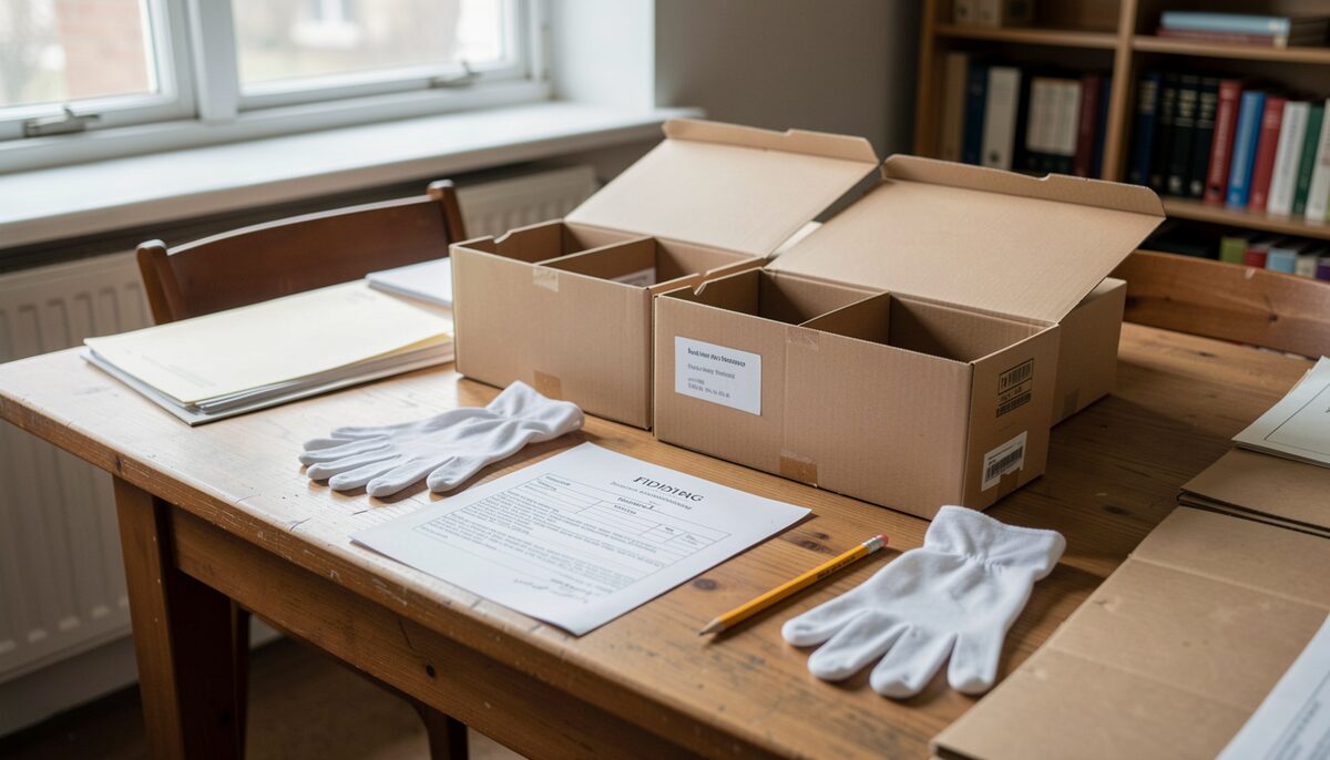 Lesesaal mit Archivkartons, Baumwollhandschuhen und Bleistift neben
einem Findbuch.